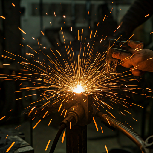 Studio shot of precision titanium frame welding with bright sparks and focused industrial lighting